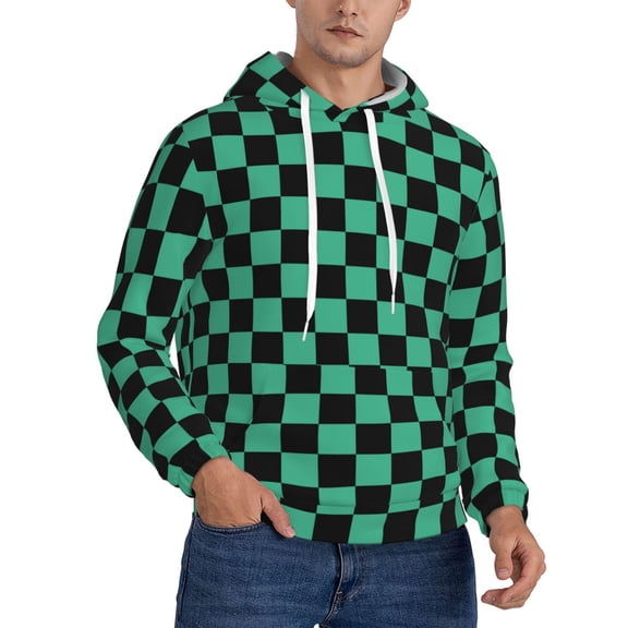 Anime Checkerboard Black And Green Plaid Hoodie Men Unisex 3d Fleece Hooded Sweatshirt Small