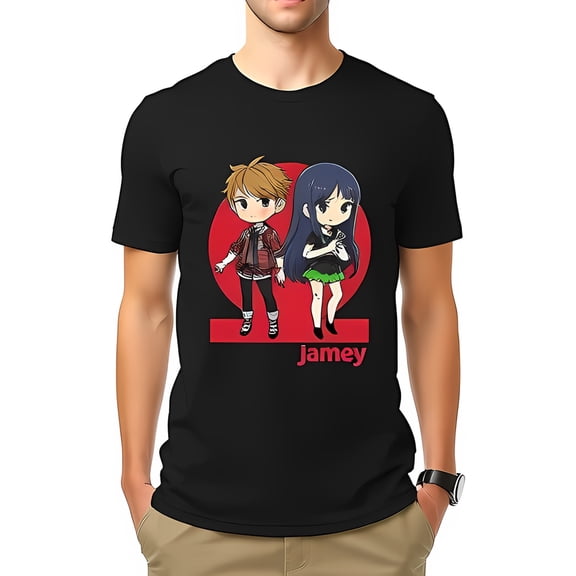 Anime Chibi T-Shirt with Reddish-Brown Hair Boy & Dark Hair Girl in Red Circle - "Jamey" Graphic Tee for Fans