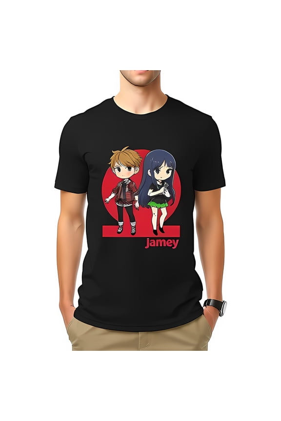 Anime Chibi T-Shirt with Reddish-Brown Hair Boy & Dark Hair Girl in Red Circle - "Jamey" Graphic Tee for Fans