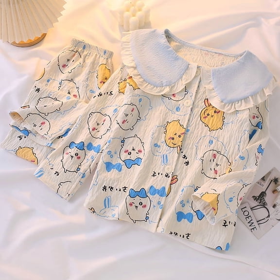 Anime Chiikawa Pajamas Set Doll Collar Cardigan Long Sleeves Sleepwear Homewear Set