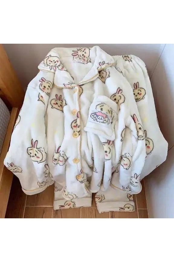 Anime Chiikawa Plush Pajamas Suit Usagi Hachiware Kawaii Cartoon Women Thickened Plush Blue Winter Coral Velvet Home Clothes