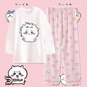 Anime Chiikawa Women Pajama Set Cotton Loungewear Long Sleeve Round Neck Pants Soft Breathable Loose Fit Spring Autumn Sleepwear