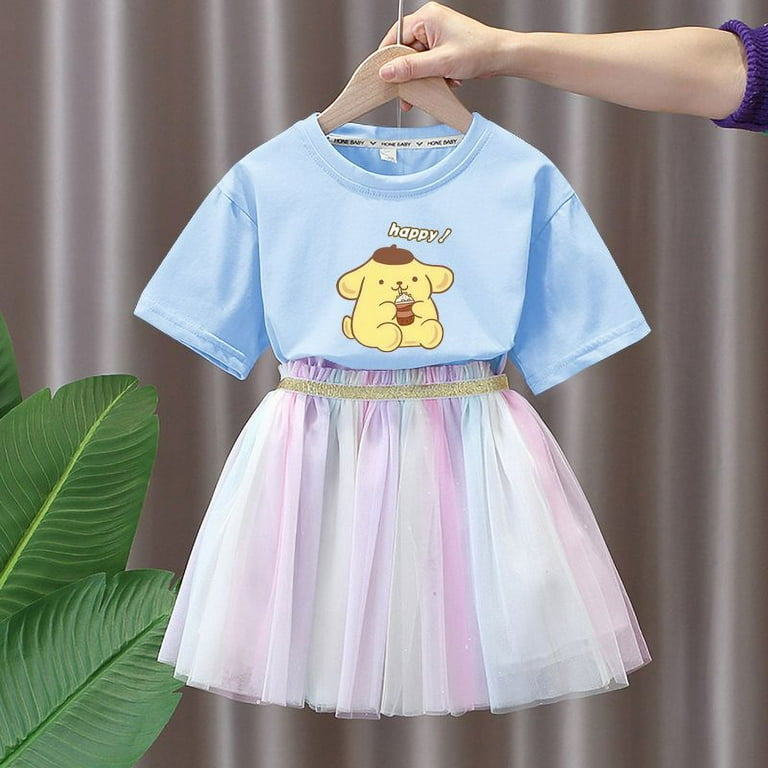 Anime Cinnamoroll Kuromi Purin Dog Printed Girls' Summer T-shirt Mesh  Princess Dress Kawaii Sweet Short Sleeve Top Mesh Skirt