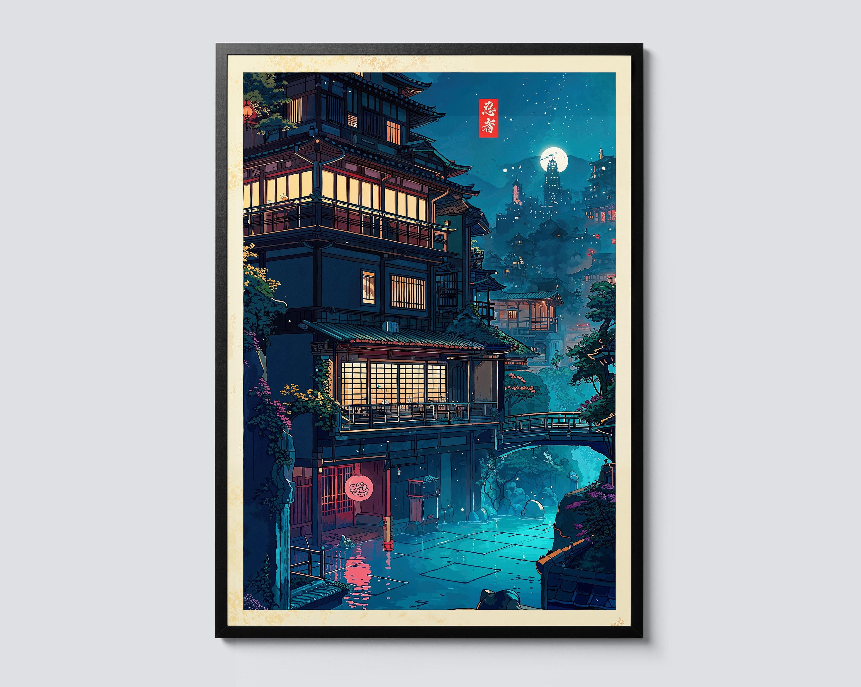 Anime City 3, Japanese Cartoon Style, Night Pagoda Bridge Scene, Wall ...