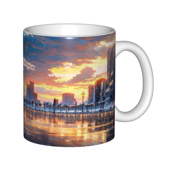 Anime City Sunset Ceramic Coffee Mug 11oz, Golden Hour Skyline Reflection White Tea Cup, Scenic Urban Landscape Art Gift for Anime Lovers