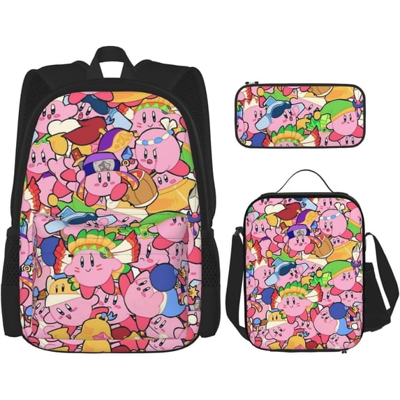 Anime Collage Kirbys 3 Pcs Backpacks Set with Thermal Insulated Lunch Tote Purse Pencil Case Multifunctional Laptop Daypack Travel Bag, Lunch Box, Pencil Case
