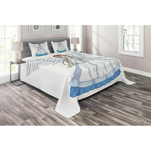 Anime Coverlet Set Queen Size, Cartoon Illustration of Cute Angel Wings and Flowers Fairytale Japanese Manga Print, Quilted 3 Piece Decor Bedspread Set with 2 Pillow Shams, White Blue, by Ambesonne