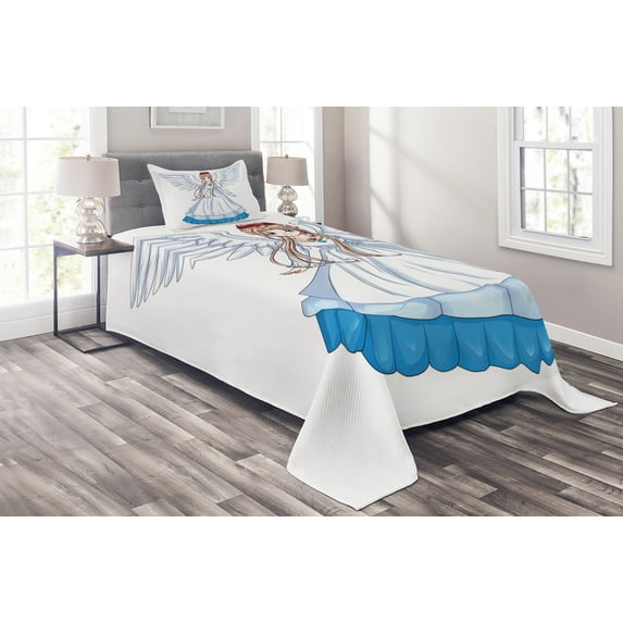 Anime Coverlet Set Twin Size, Cartoon Illustration of Cute Angel Wings and Flowers Fairytale Japanese Manga Print, Quilted 3 Piece Decor Bedspread Set with Pillow Sham, White Blue, by Ambesonne