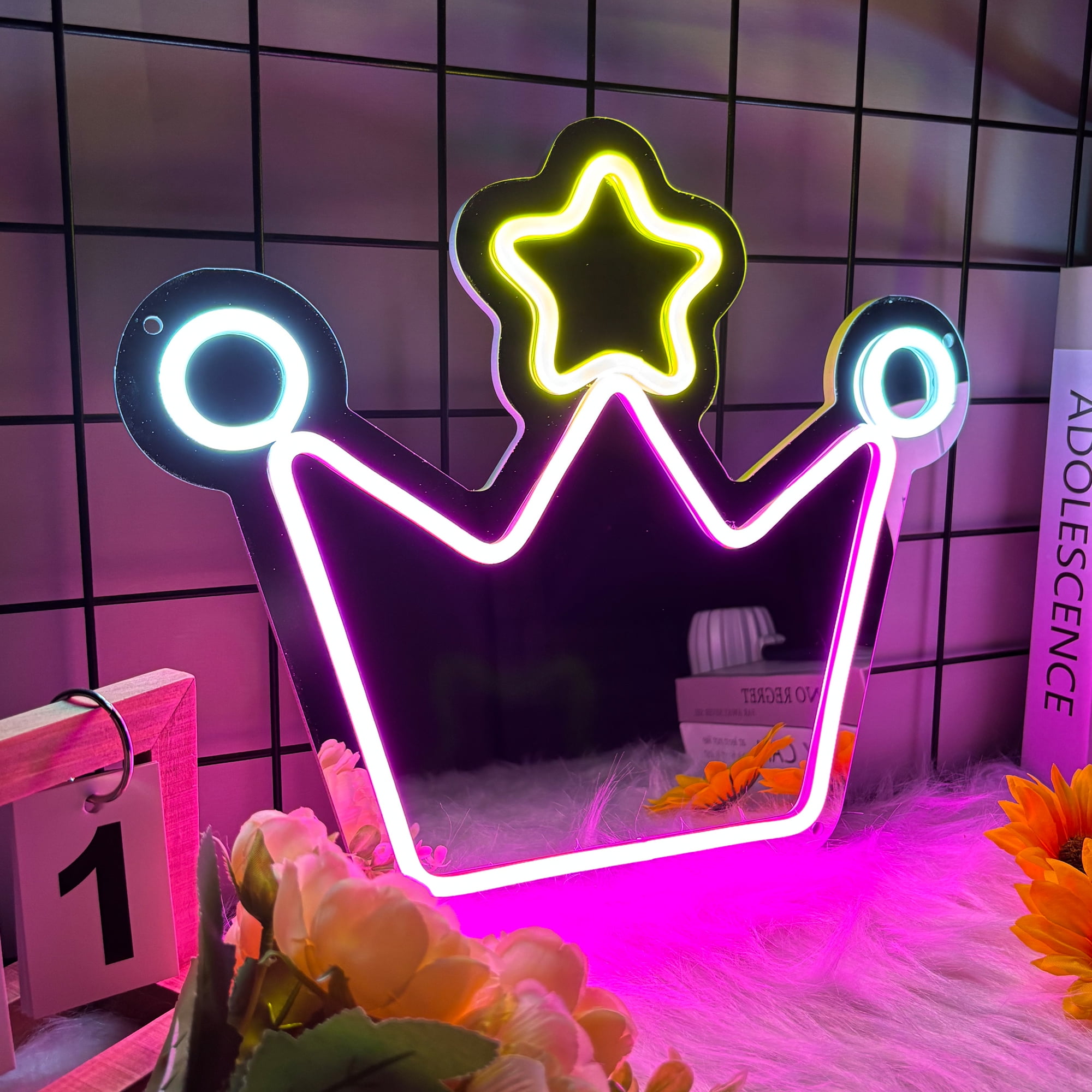 Anime Crown Mirror with Light Neon Signs for Wall Decor, Neon Mirror with Dimmable for Teen Girls Gift，Makeup Mirror Neon Signs Cute Acrylic Mirror for Girls Room