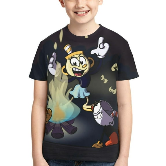 Anime Cuphead Youth Unisex T-Shirt Crewneck Short Sleeve Double-Sided Print Tee Shirts Top For Boys Girls Kid Teen Large