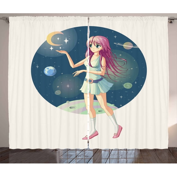 Ambesonne Anime Curtains 2 Panel Set, Character with Stars in Space, 108" x 90", Multicolor
