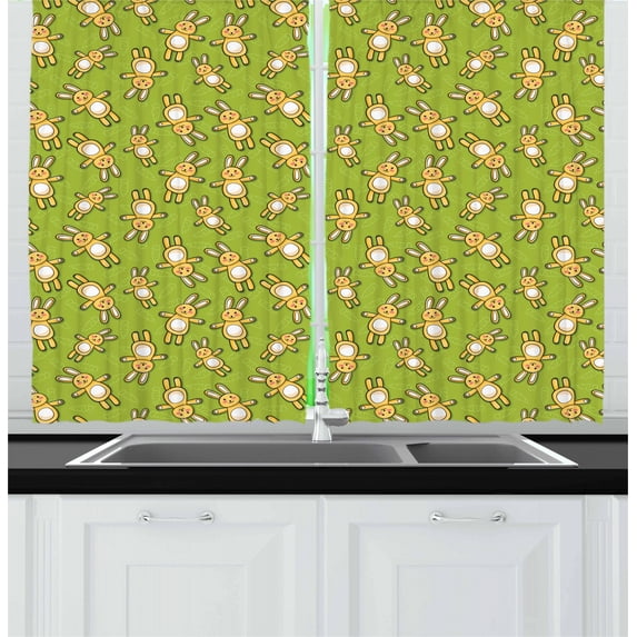 Anime Curtains 2 Panels Set, Kids Toy Rabbits Pattern on a Green Background with Doodle Carrots, Window Drapes for Living Room Bedroom, 55W X 39L Inches, Apple Green Yellow and White, by Ambesonne