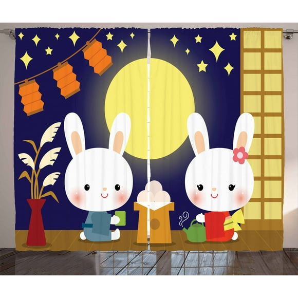 Ambesonne Anime Curtains 2 Panel Set, Tsukimi Festival Bunnies, 108" x 96", Multicolor