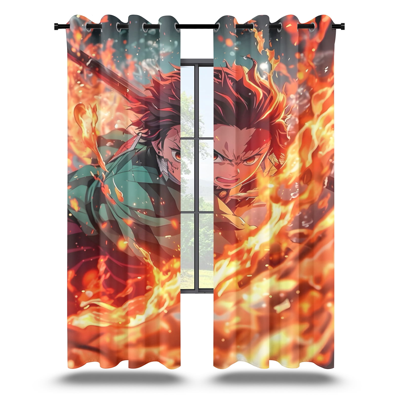 Anime Curtains for Bedroom Drapes Slayer Tanjirou Inosuke Kyoujurou Print Design Window Treatments Curtain Panel Set, 2-Panels, 42" W x 63" L