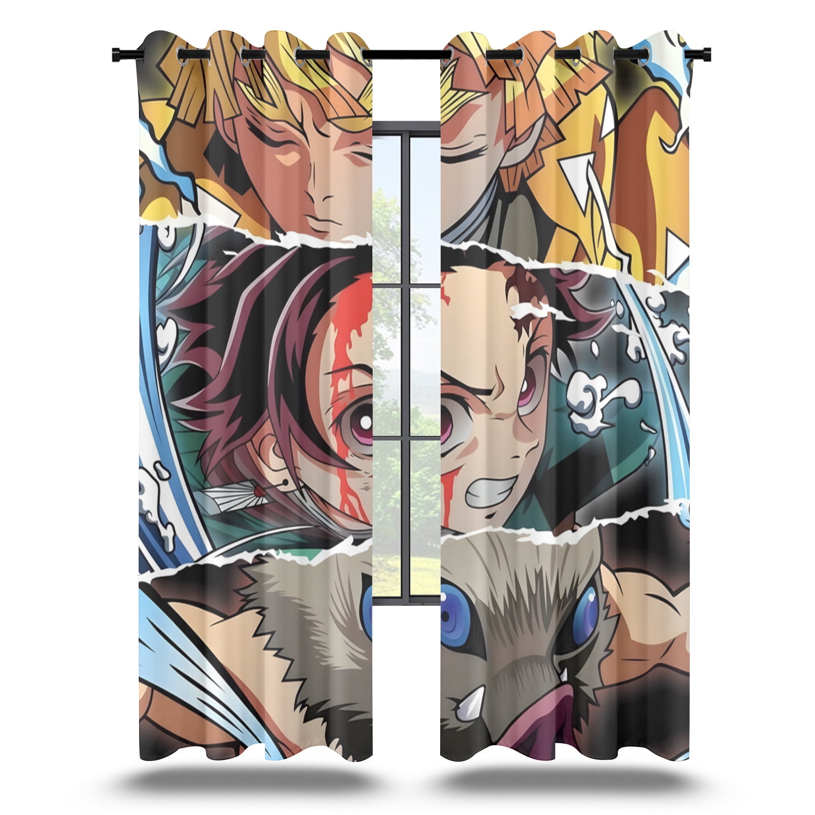 Anime Curtains for Bedroom Drapes Slayer Tanjirou Inosuke Kyoujurou Print Design Window Treatments Curtain Panel Set, 2-Panels, 55" W x 63" L