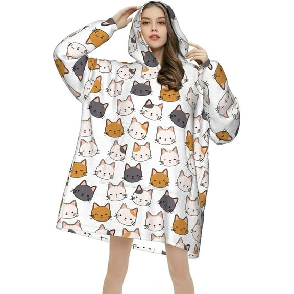 Anime Cute Cat Blanket Hoodie Cartoon Wearable Blanket Soft Plush Warm Pajamas Comfy Fluffy Sweatshirt Blanket For Women