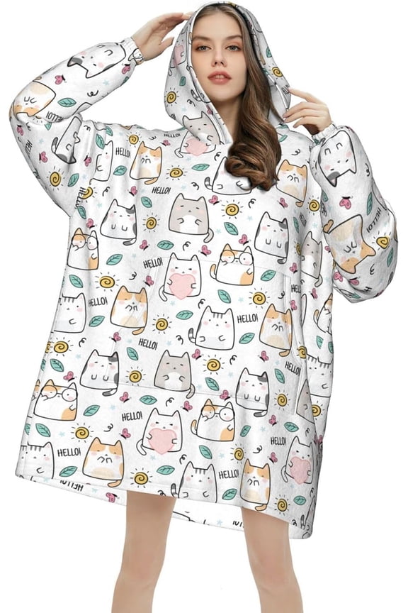 Anime Cute Cat Blanket Hoodie Kawaii Wearable Blanket Soft Plush Warm Pajamas Comfy Fluffy Sweatshirt Blanket For Women