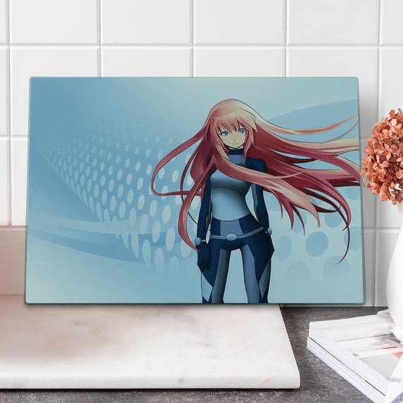 Anime Cutting Board, Futuristic Manga Girl Science Fiction Doodle Effect Japanese Style Digital Art Print, Decorative Tempered Glass Cutting and Serving Board, Large Size, Pale Blue, by Ambesonne