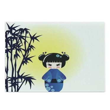 Anime Cutting Board, Illustration of a Kokeshi Doll and Bamboo Tree Japanese Traditional Kimono, Decorative Tempered Glass Cutting and Serving Board, in 3 Sizes, by Ambesonne