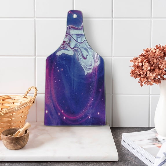 Anime Cutting Board, Purple Anime Sitting in Theme of Zodiac Astrology Horoscope Sign Artprint, Decorative Tempered Glass Cutting and Serving Board, Wine Bottle Shape, Purple Blue, by Ambesonne