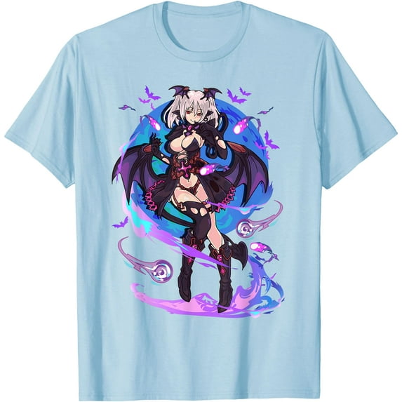 Anime Demon Girl Japanese Aesthetic Waifu Art Softstyle Unisex T-Shirt,Light Blue Color,Size L