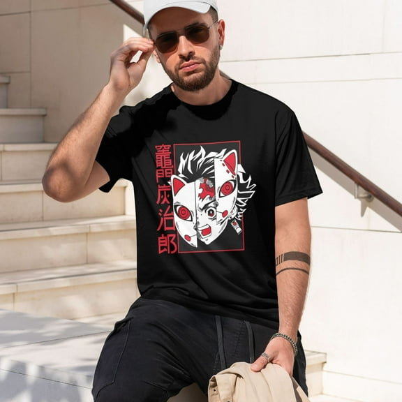 Anime Demon Slayer Shirt Mens Shirts Print T-Shirts Cosplay Shirts Fashion Casual Shirt Black -Small