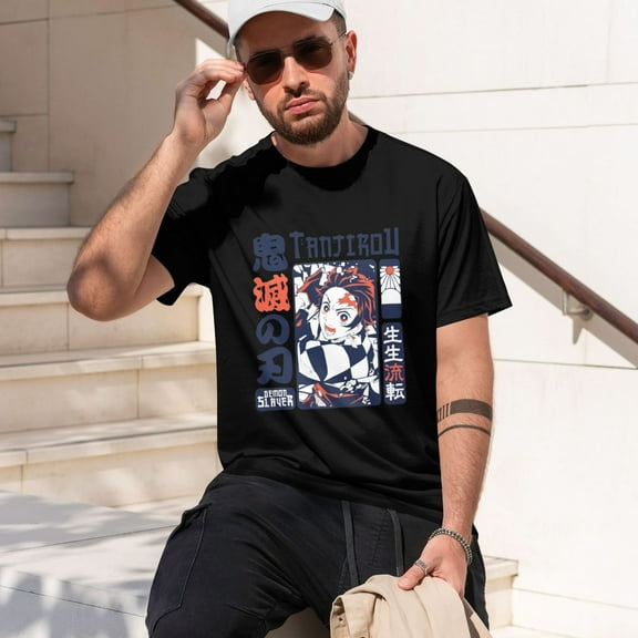 Anime Demon Slayer Shirt Mens Shirts Print T-Shirts Cosplay Shirts Fashion Casual Shirt Black -Small
