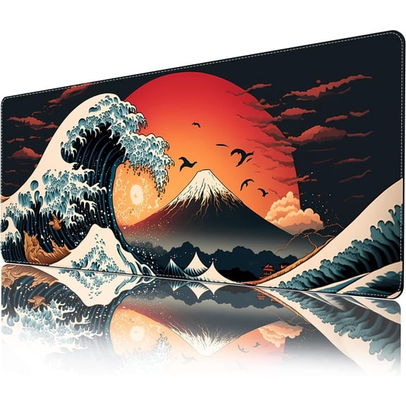 Anime Desk Mat, Japanese Gaming Mouse Pad Large, XL Cool Keyboard Mousepad, Kanagawa Great Wave Mouse Pad for Gaming, Big Extended Desk Protector for Home Office, 31.5"x11.8" (Red Sun)