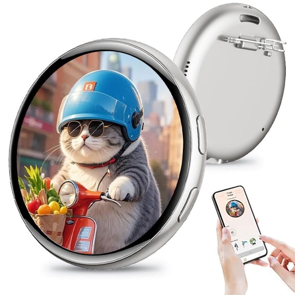 Anime Digital Electronic Badge, 1.7 Inch HD Touch Screen Smart e-Pin, Custom Photo & GIF Video Display, Multilingual Translation RGB Light, 400mAh Rechargeable Anime Accessory Badge for Cosplay & Fa