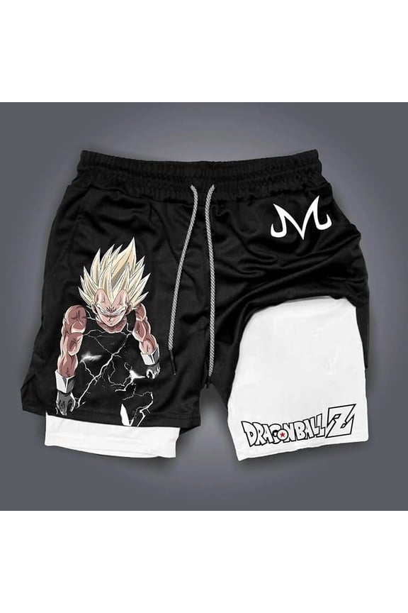 Anime Double Layer Compression Gym Shorts for Men - Athletic Workout Shorts (L-Black Vgta)