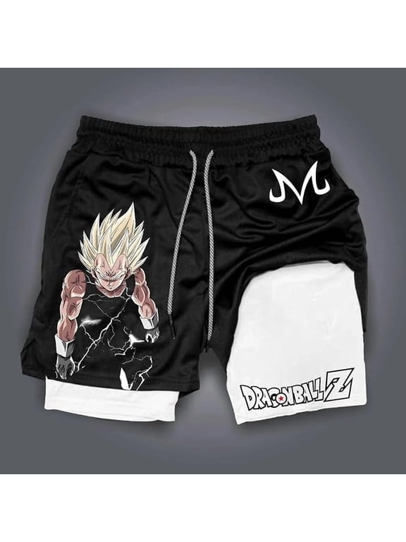Anime Double Layer Compression Gym Shorts for Men - Athletic Workout Shorts (L-Black Vgta)