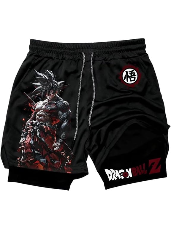 Anime Double Layer Compression Gym Shorts for Men - Athletic Workout Shorts (M-Black Syan GKo)