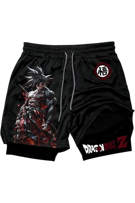 Anime Double Layer Compression Gym Shorts for Men - Athletic Workout Shorts (M-Black Syan GKo)