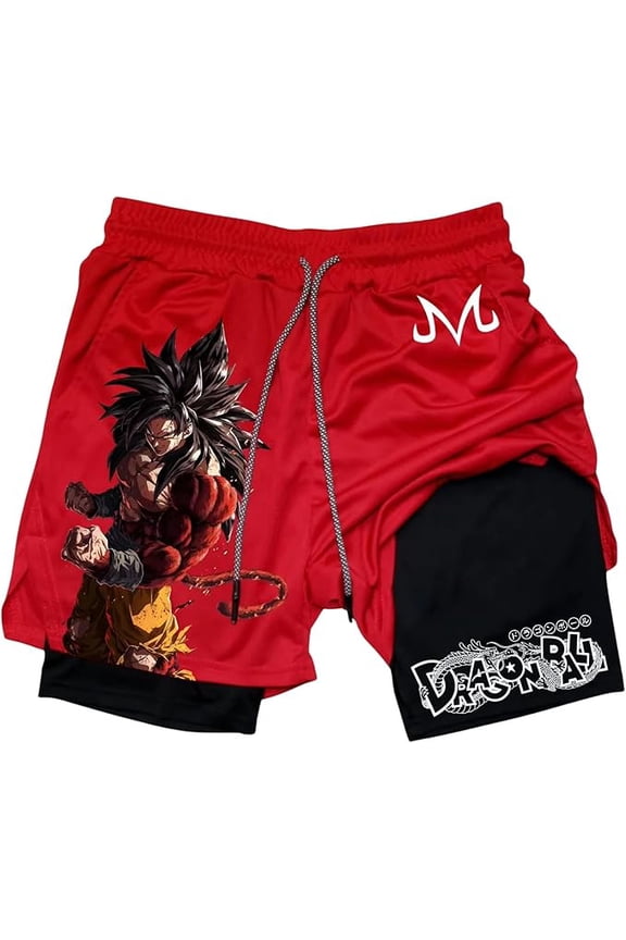 Anime Double Layer Compression Gym Shorts for Men - Athletic Workout Shorts (S-Red GKo)