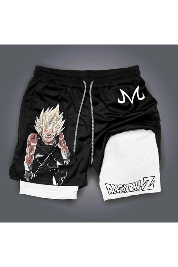 Anime Double Layer Compression Gym Shorts for Men - Athletic Workout Shorts (XL-Black Vgta)