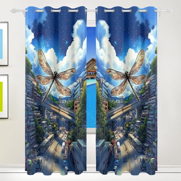 Anime Dragonfly and City Blackout Curtains for Living Room Bedroom 55W x 72/84L Insulated Window Drapes 2 Panels