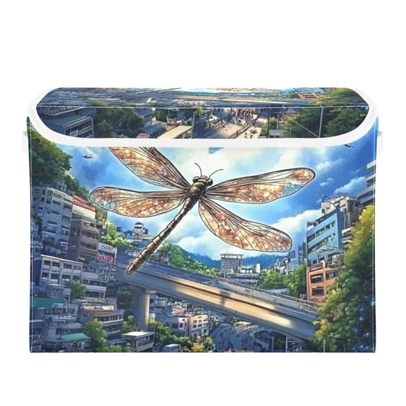 Anime Dragonfly and City Large Storage Bins with Linen Collapsible Lid Storage Box 16.7 x 12.6 x 11.8in