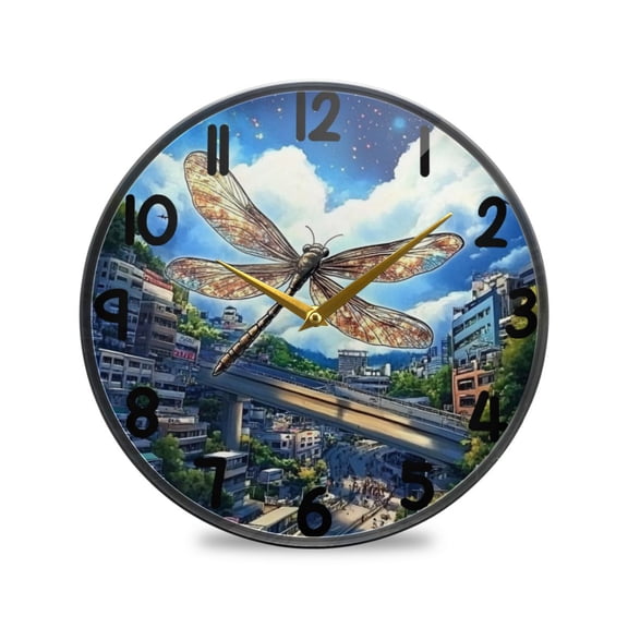 Anime Dragonfly and City Round Acrylic Wall Clock Silent Battery Operated Home Decor for Living Room Bedroom