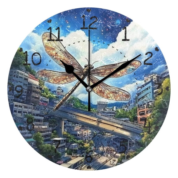 Anime Dragonfly and City Round Wall Clock Silent Battery Operated Home Decor for Living Room Bedroom