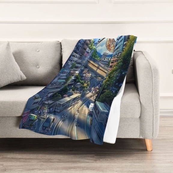 Anime Dragonfly and City Throw Blanket 60" x 90" Soft and Warm Blankets for Couch Sofa and Bed