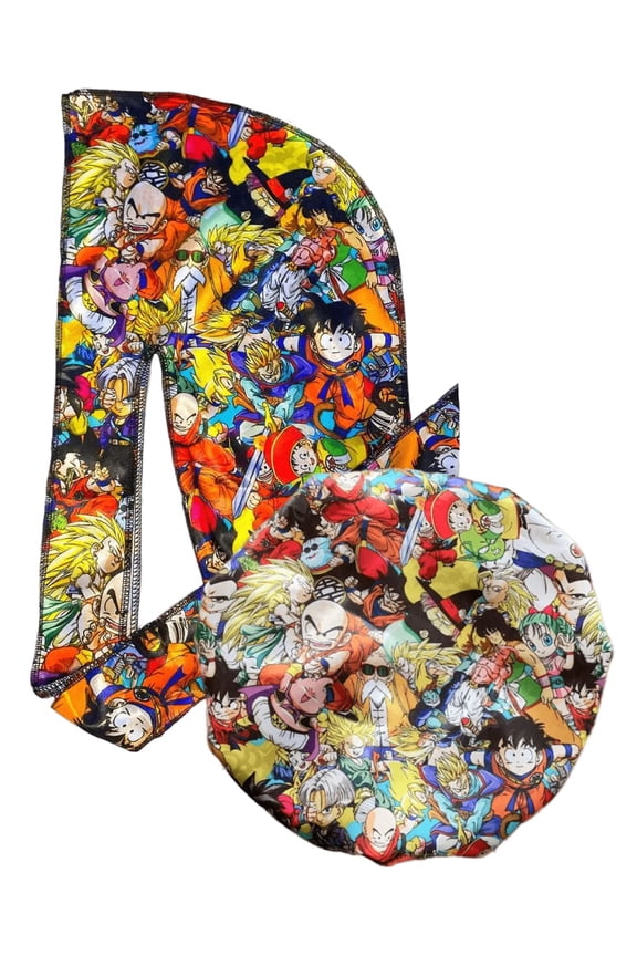 Anime Durag and Silk Bonnet 2pcs Set for Men Women, Silky Design Satin with Fabric Comfort Compression, DBZ