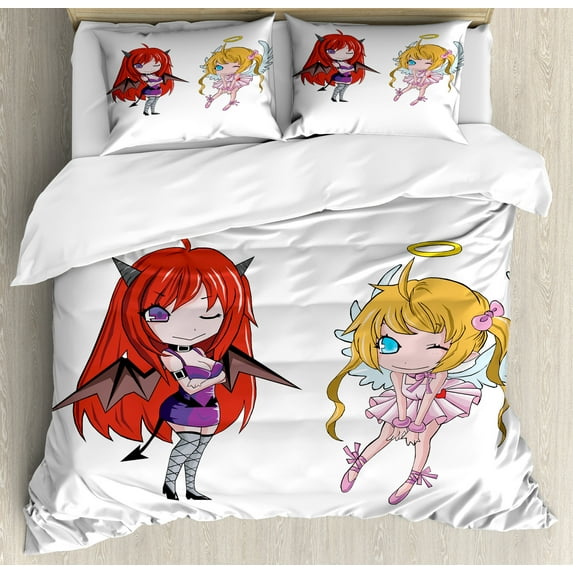 Anime Duvet Cover Set, Angel Wings and Demon Girl Horns Comic Japanese Manga Art Print, Decorative 3 Piece Bedding Set with 2 Pillow Shams, Calking Size, White, by Ambesonne