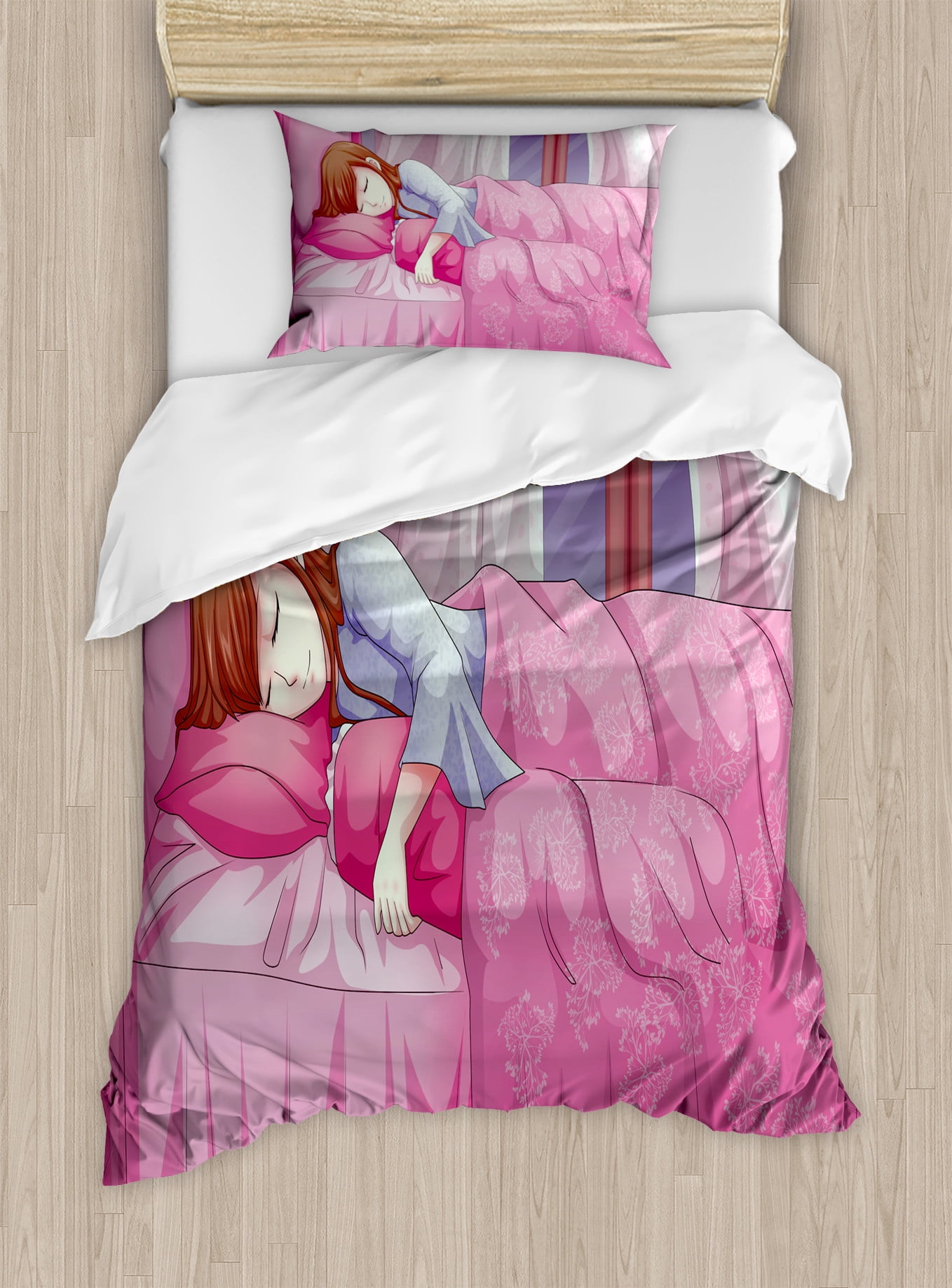 Pink Anime Girl Twin Duvet Cover Set with Pillow Sham
