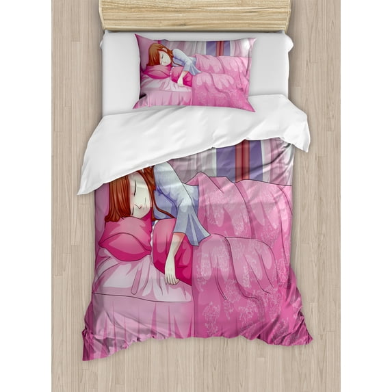 Anime Duvet Cover Set, Cartoon Illustration of a Sleeping Girl Japanese Culture Manga Themed Style Art Print, Decorative 2 Piece Bedding Set with 1 Pillow Shams, Twin Size, Pink, by Ambesonne