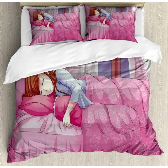 Anime Duvet Cover Set, Cartoon Illustration of a Sleeping Girl Japanese Culture Manga Themed Style Art Print, Decorative 3 Piece Bedding Set with 2 Pillow Shams, King Size, Pink, by Ambesonne