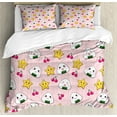 thumbnail image 1 of Anime Duvet Cover Set, Happy Crying Cartoon Rice Balls Cherries Stars Pattern on Stripes Art, Decorative 3 Piece Bedding Set with 2 Pillow Shams, King Size, Pink Yellow and White, by Ambesonne, 1 of 3
