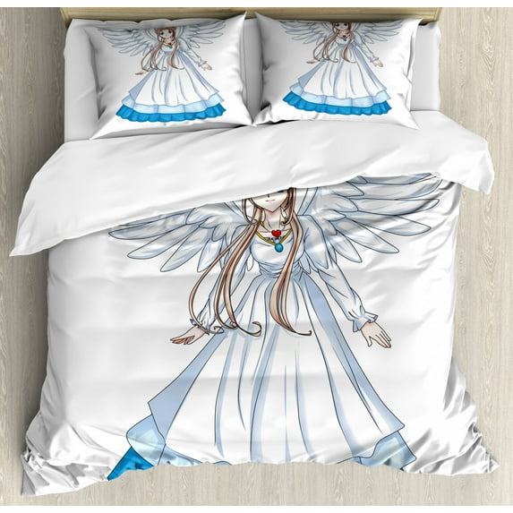 Anime Duvet Cover Set King Size, Cartoon Illustration of Cute Angel Wings and Flowers Fairytale Japanese Manga Print, Decorative 3 Piece Bedding Set with 2 Pillow Shams, White Blue, by Ambesonne
