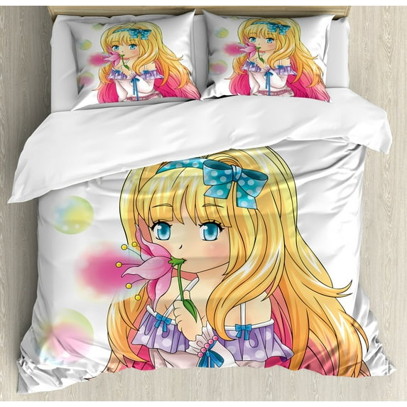 Anime Duvet Cover Set, Manga Girl Blowing Bubbles from a Flower Japanese Cartoon Japan Art Print, Decorative 3 Piece Bedding Set with 2 Pillow Shams, King Size, Pink Yellow, by Ambesonne