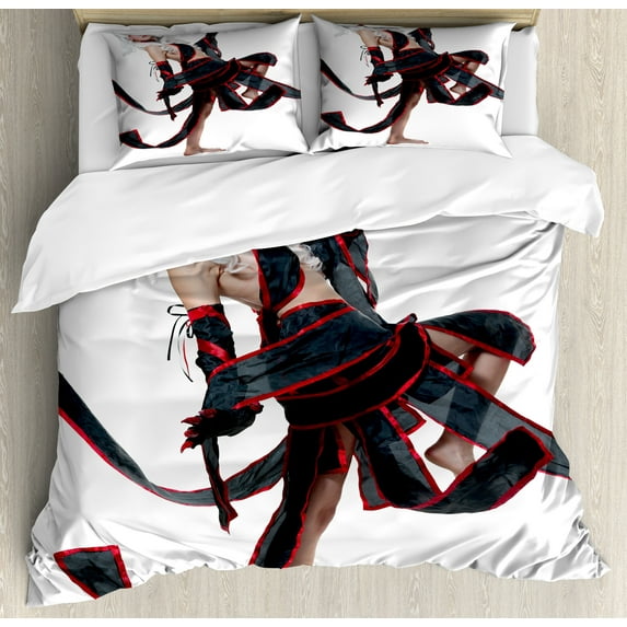Anime Duvet Cover Set, Posing Warrior Girl in Manga Style Japanese Culture Themed Illustration Art, Decorative 3 Piece Bedding Set with 2 Pillow Shams, Calking Size, Red White and Black, by Ambesonne