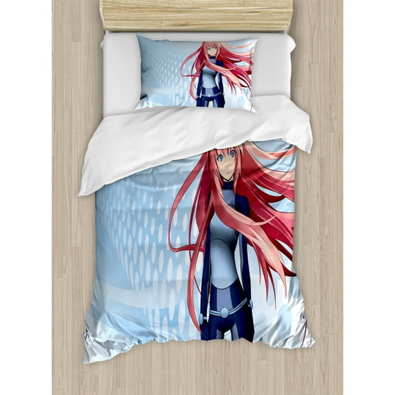 Anime Duvet Cover Set Twin Size, Futuristic Manga Girl Science Fiction Doodle Effect Japanese Style Digital Art Print, Decorative 2 Piece Bedding Set with 1 Pillow Sham, Pale Blue, by Ambesonne